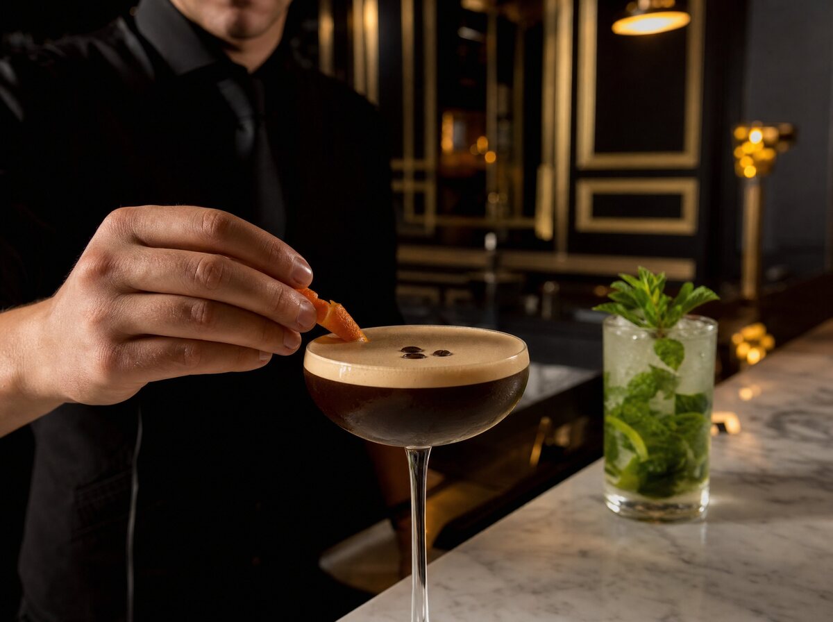 Handcrafted cocktails garnished with orange at the bar