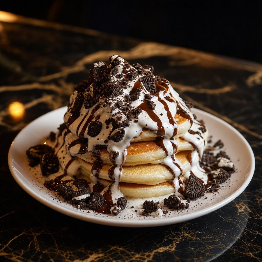 Mini pancakes with cream and crushed Oreo