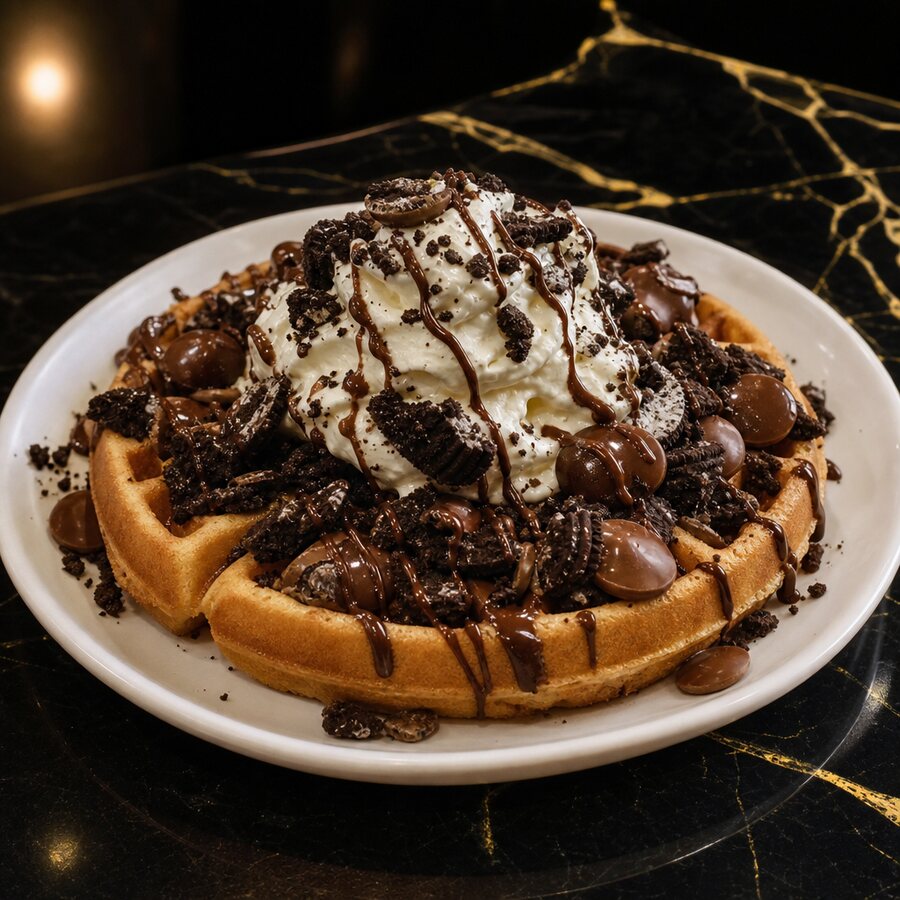 Belgian waffle topped with crushed Oreo and chocolate buttons