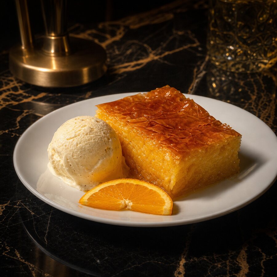 Greek orange cake portokalopita cut into squares
