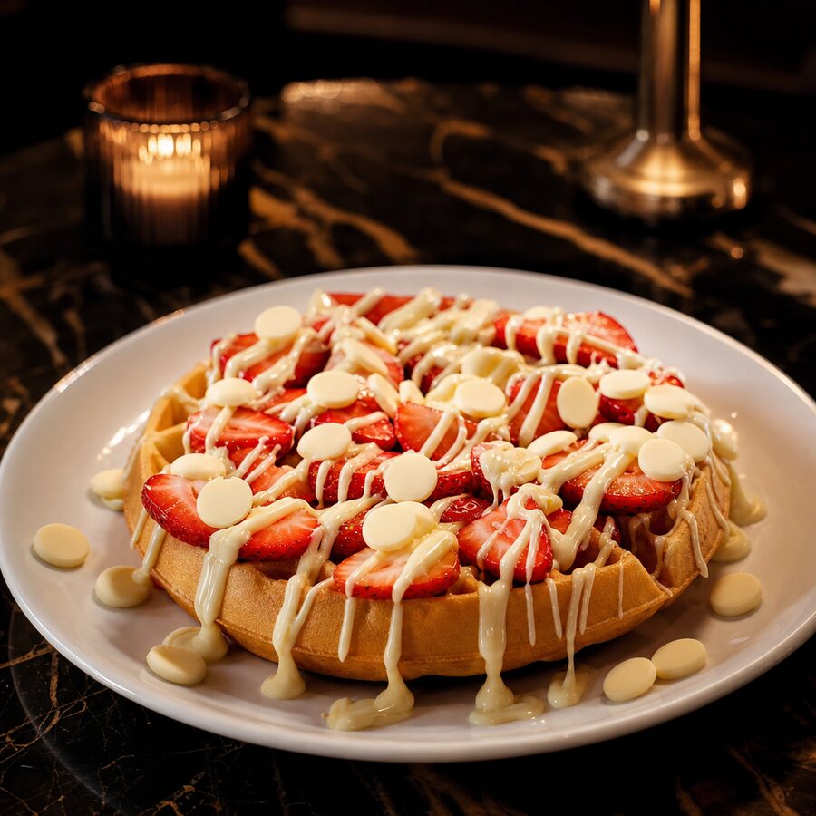 Belgian waffle loaded with fresh strawberries and white chocolate