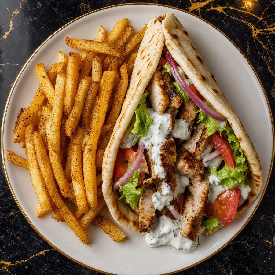 Chicken gyros wrap in warm pitta with tzatziki and salad