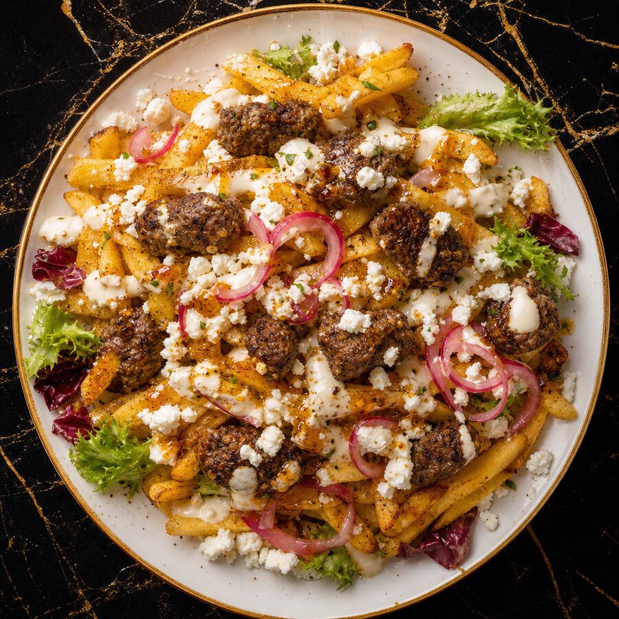 Loaded fries topped with lamb kofta, feta and salad