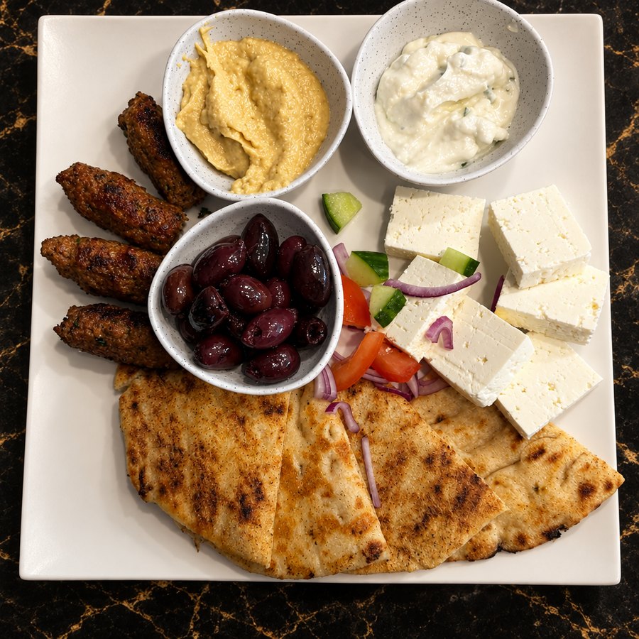 Greek mezze sharing platter with koftas, hummus, tzatziki, feta and olives