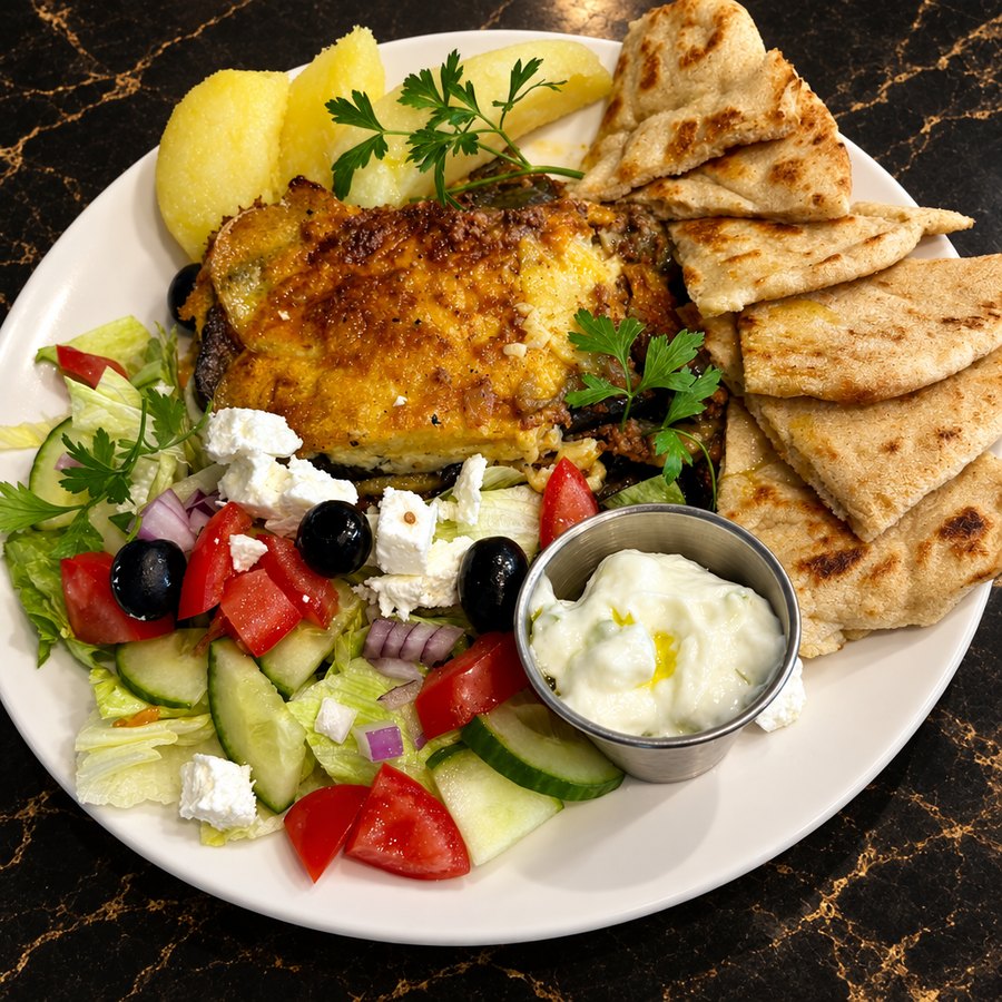 Homemade Greek moussaka baked golden in the dish