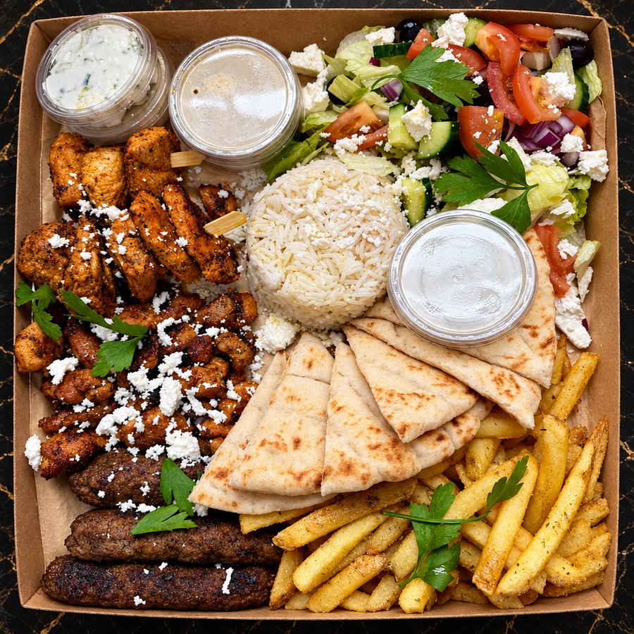 Greek sharing platter for two, boxed for takeaway