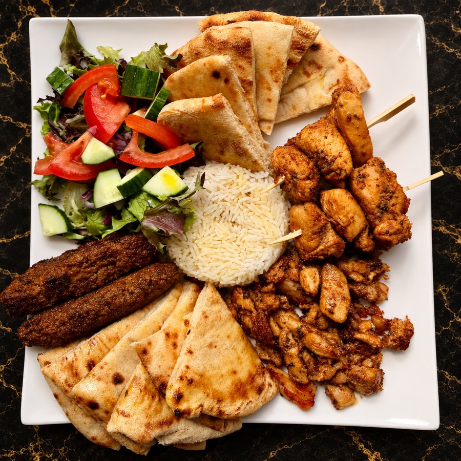 Chicken souvlaki skewers with Greek salad at Dine & Dessert Kirkham