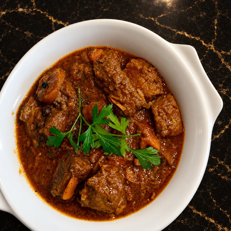 Slow-cooked beef stifado with baby onions