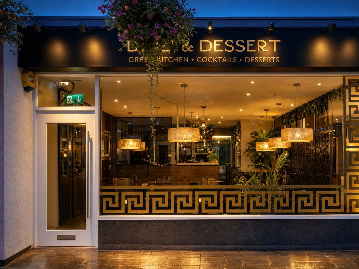 The Dine & Dessert shop front on Market Square, Kirkham, in the evening