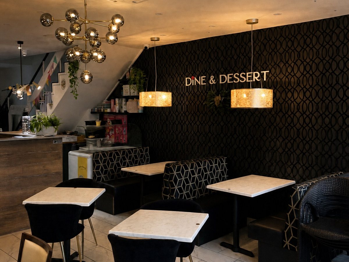 Gold pendant lights and the Dine & Dessert wall inside the restaurant